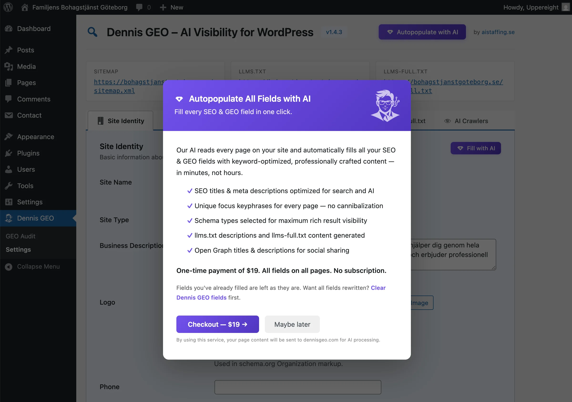 AI populate modal showing automatic field generation for $19 one-time payment