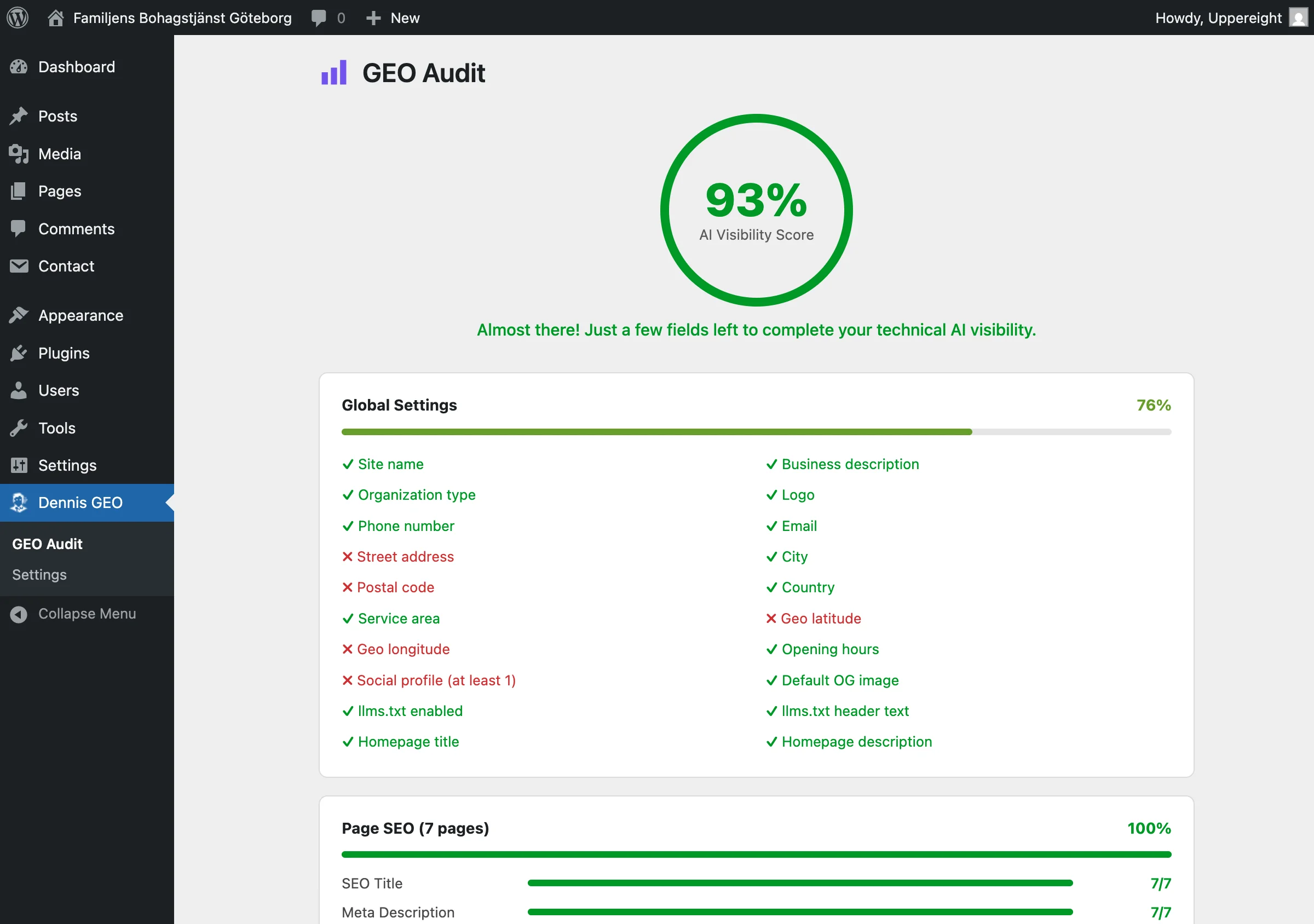 GEO Audit dashboard showing 93% AI visibility score with global settings and per-page checks