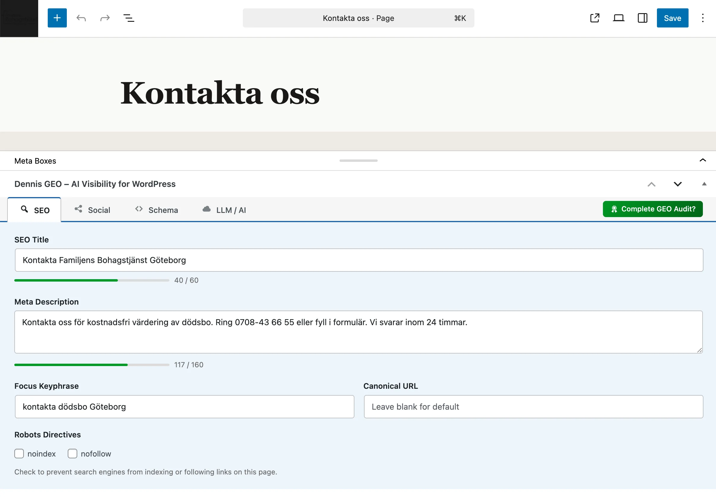 Dennis GEO meta box in the WordPress editor with SEO title, meta description, focus keyphrase, and character counters