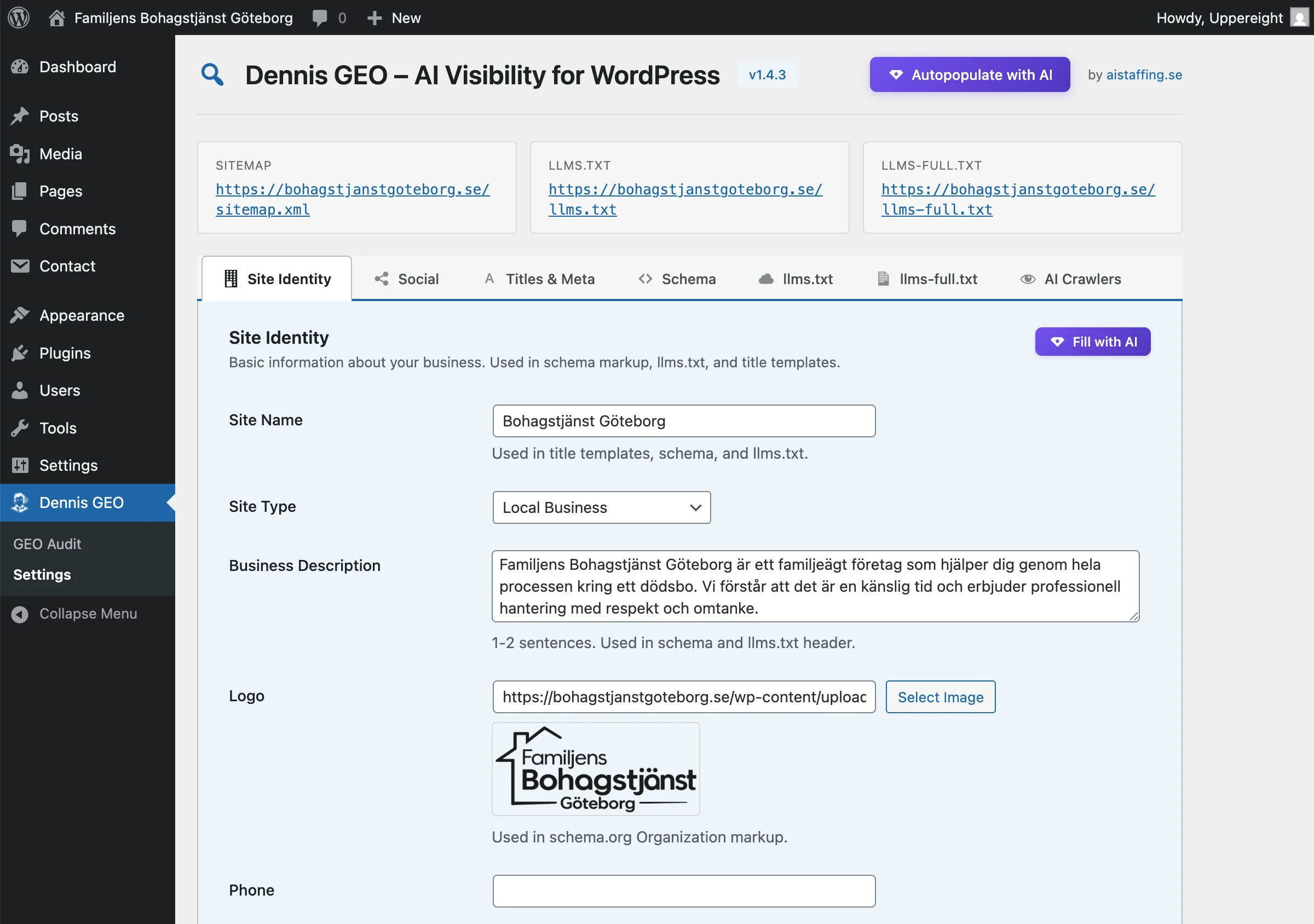 Dennis GEO settings page with site identity, business info, schema, and llms.txt configuration
